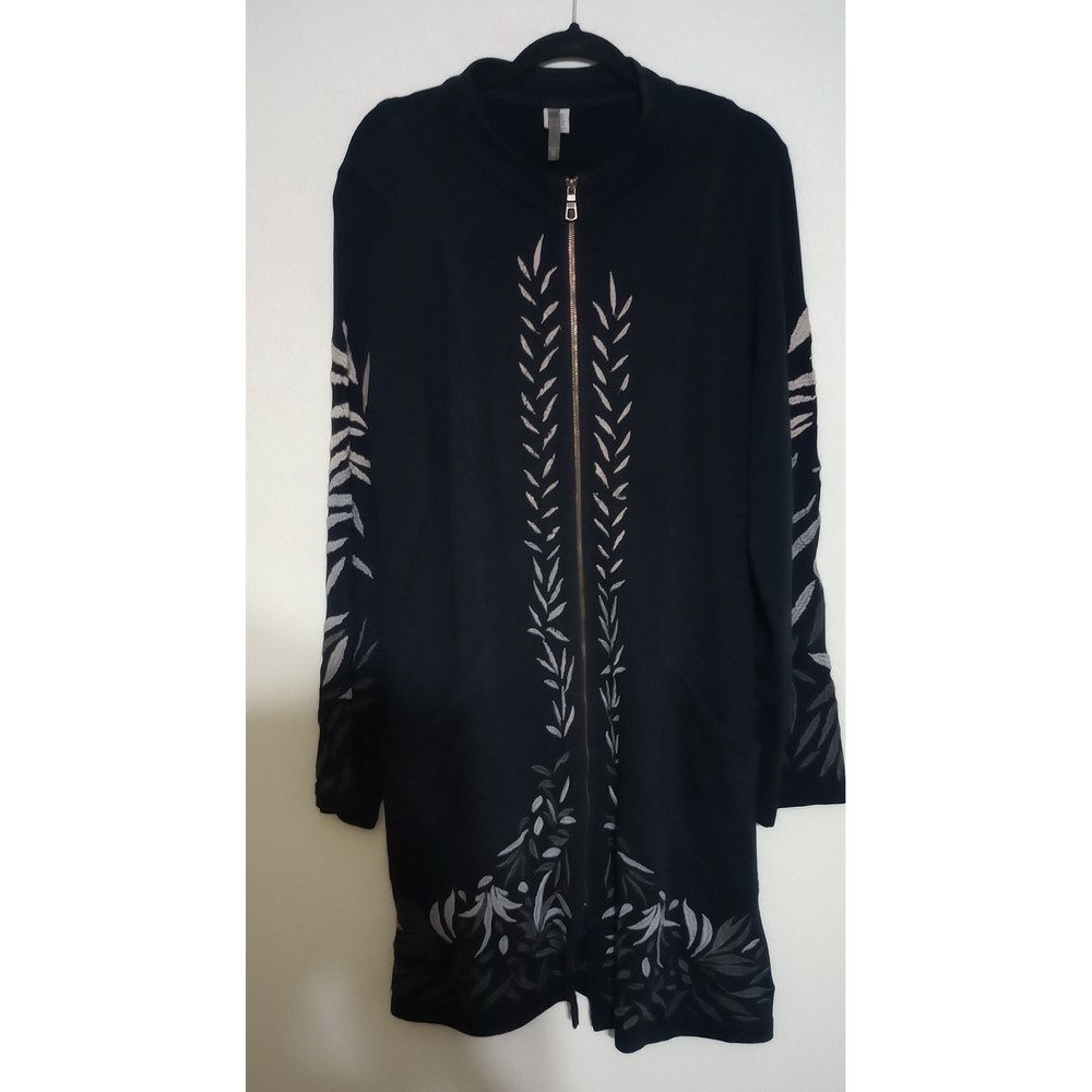 XCVI Womens Embroidered Cotton Zip Up Longline Cardigan Jacket Black XL 11366